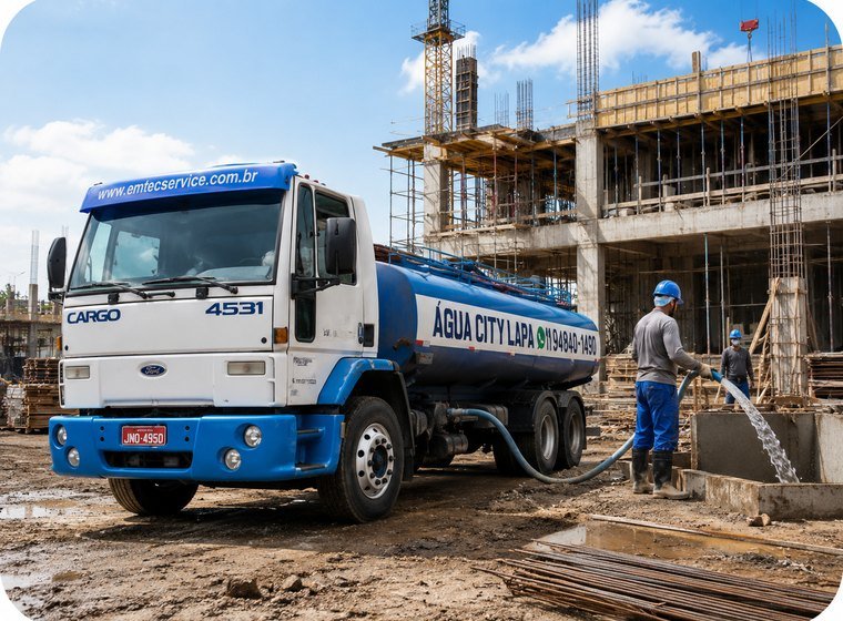 Obra em construção atendida por caminhão pipa
