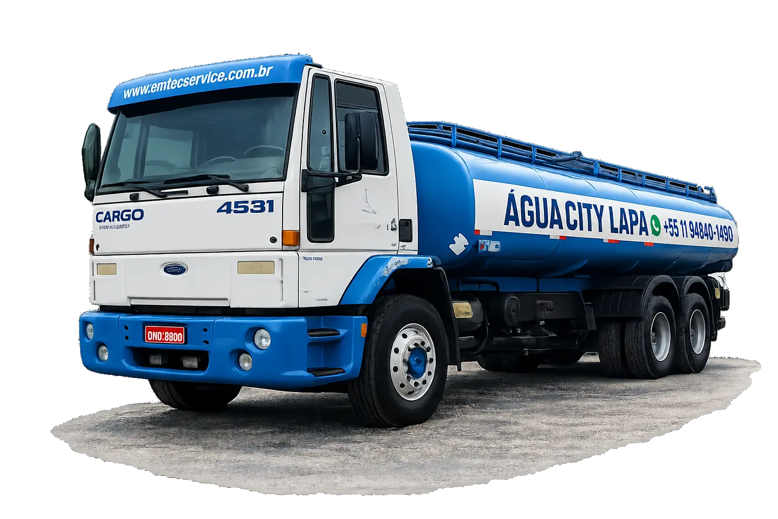 Caminhão-pipa azul e branco da Água City Lapa